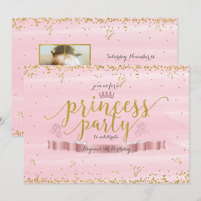 Invitations photo Princess Party rose et or (Devant / Derrière)