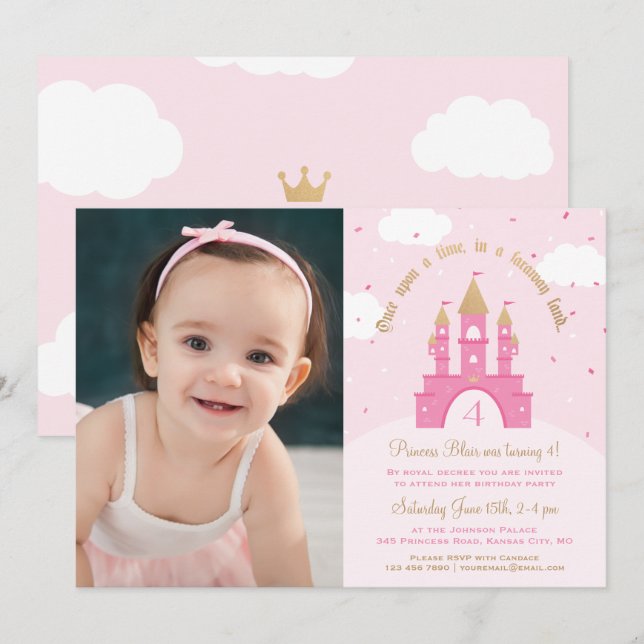 Invitations photo Princess Party | Rose & Or (Devant / Derrière)