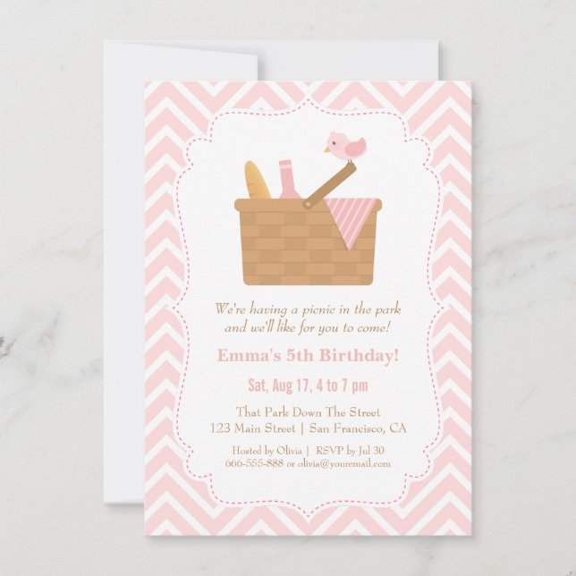 Invitations Pink Chevron Picnic Birthday Party (Devant)