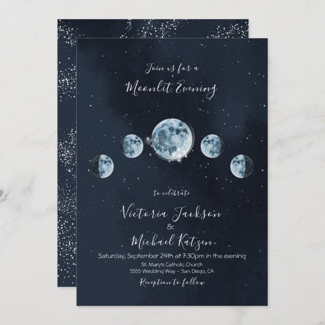 invitations Pleine Lune céleste et Étoiles (Devant / Derrière)
