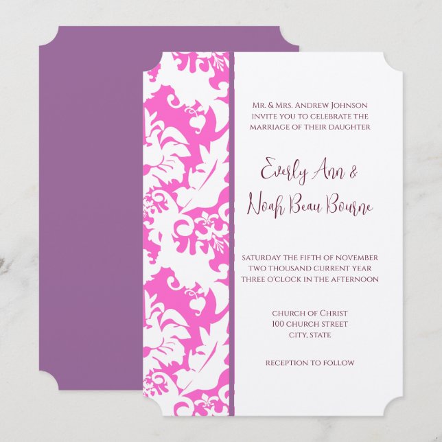 Invitations Plum & Pink Mariage damassé (Devant / Derrière)
