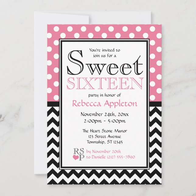 Invitations Polka Dot Pink & Chevron Sweet sixteen (Devant)
