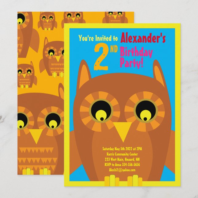 Invitations pour la fête d'anniversaire de Owl Ani (Devant / Derrière)