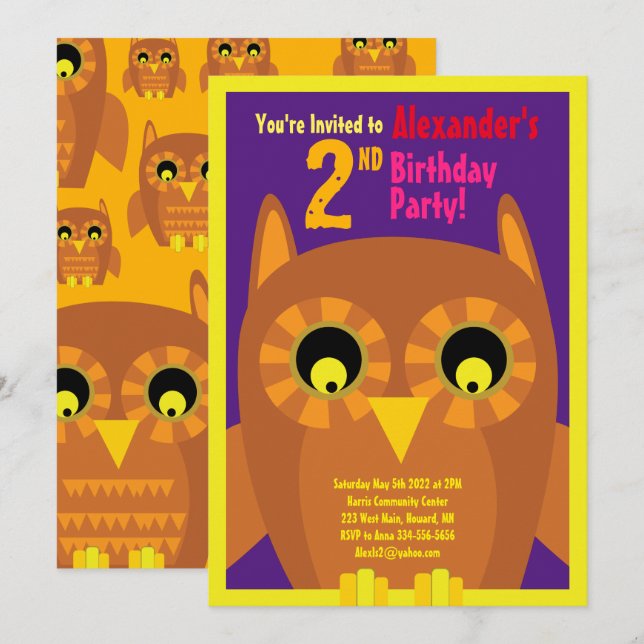 Invitations pour la fête d'anniversaire de Owl Ani (Devant / Derrière)