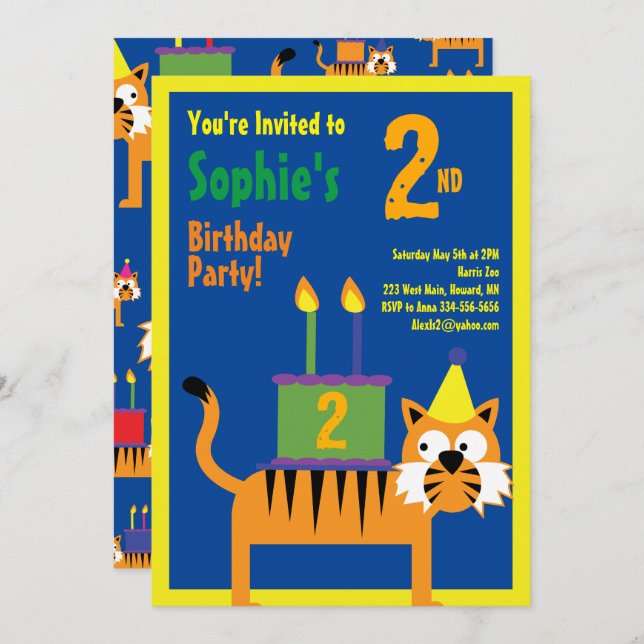 Invitations pour la fête d'anniversaire de Tiger A (Devant / Derrière)