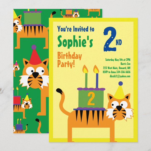 Invitations pour la fête d'anniversaire de Tiger A (Devant / Derrière)