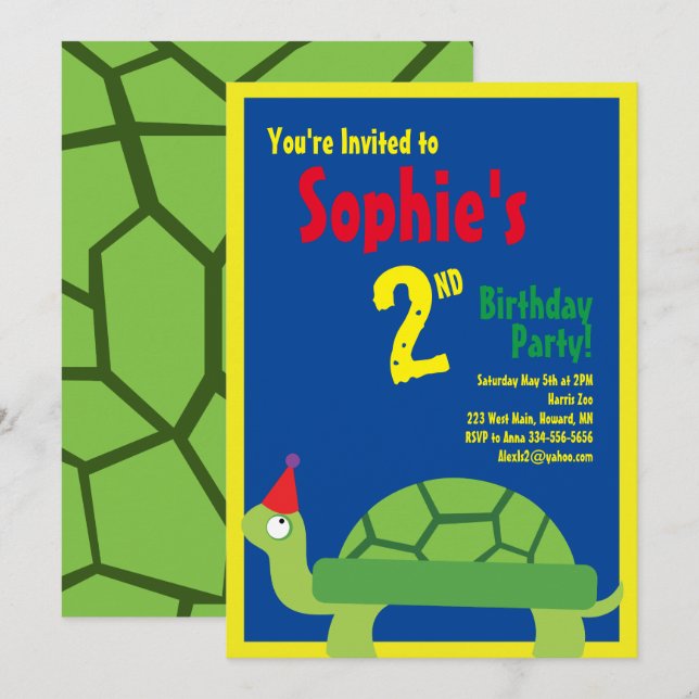 Invitations pour la fête d'anniversaire de Turtle  (Devant / Derrière)
