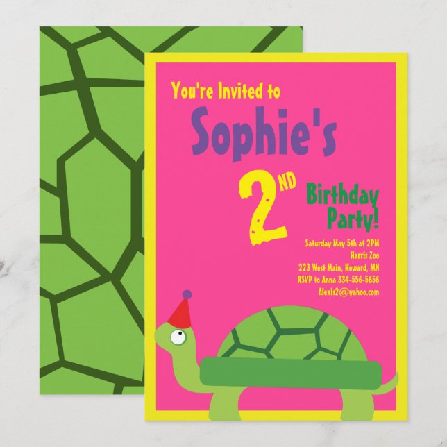 Invitations pour la fête d'anniversaire de Turtle  (Devant / Derrière)