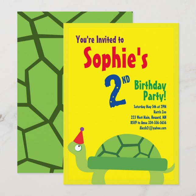 Invitations pour la fête d'anniversaire de Turtle  (Devant / Derrière)