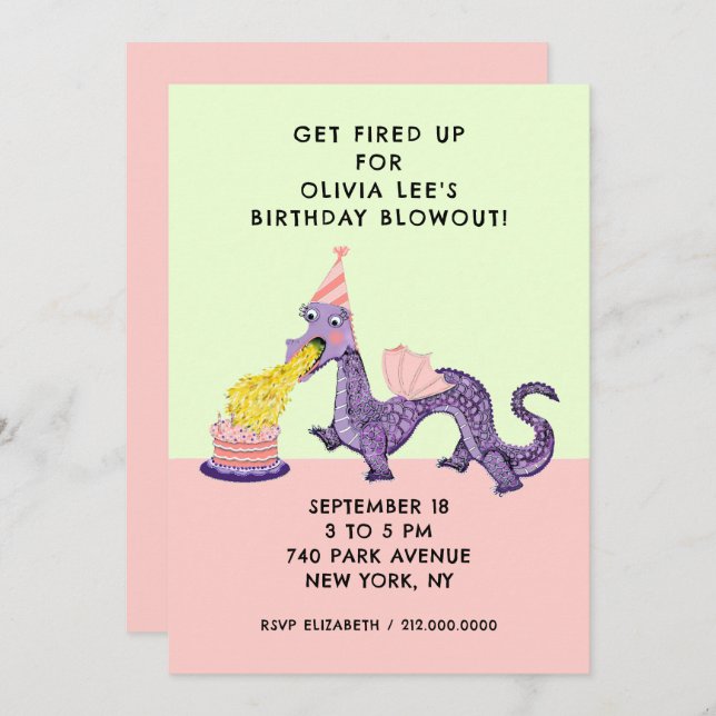 Invitations pour la fête d'anniversaire du dragon (Devant / Derrière)