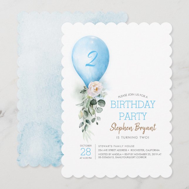 Invitations pour l'anniversaire du Ballons bleu (Devant / Derrière)