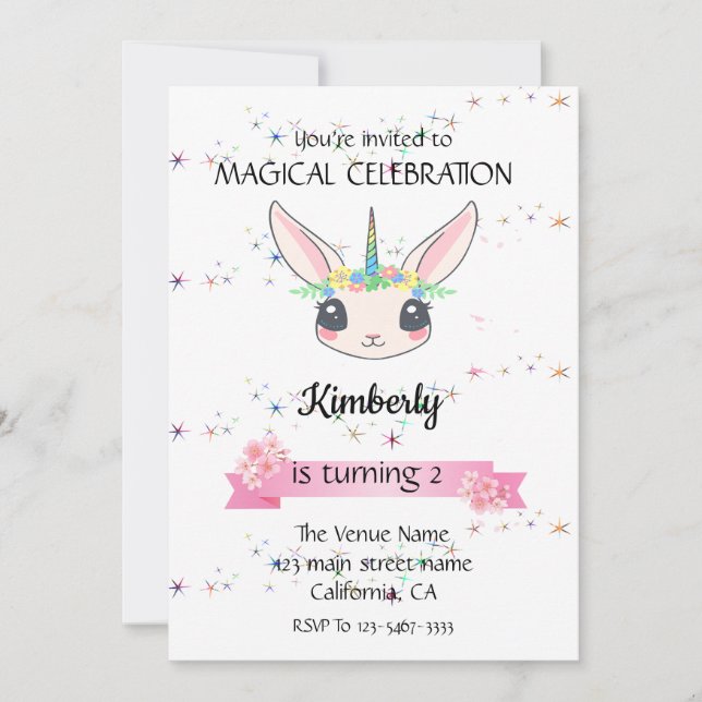 Invitations pour l'anniversaire du lapin Unicorn (Devant)