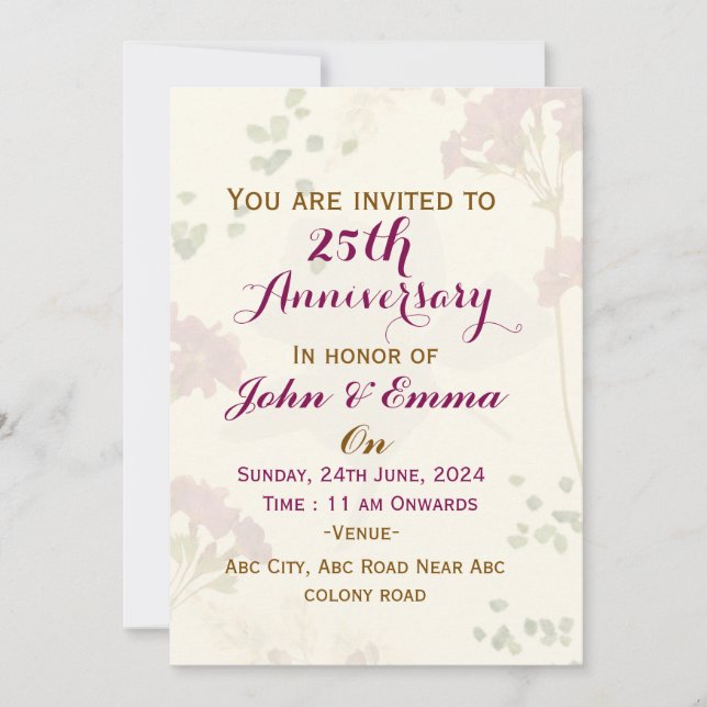 Invitations pour l'anniversaire du mariage (Devant)
