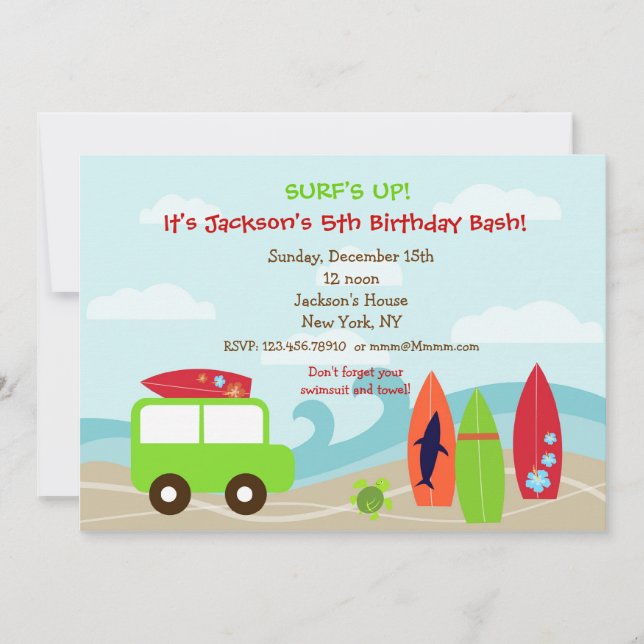 Invitations pour l'anniversaire du Surf de surfeur (Devant)