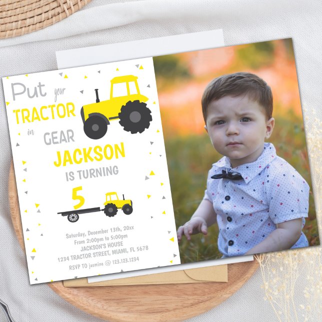 Invitations pour l'anniversaire du tracteur jaune  (Yellow Tractor Birthday Invitations with photo)