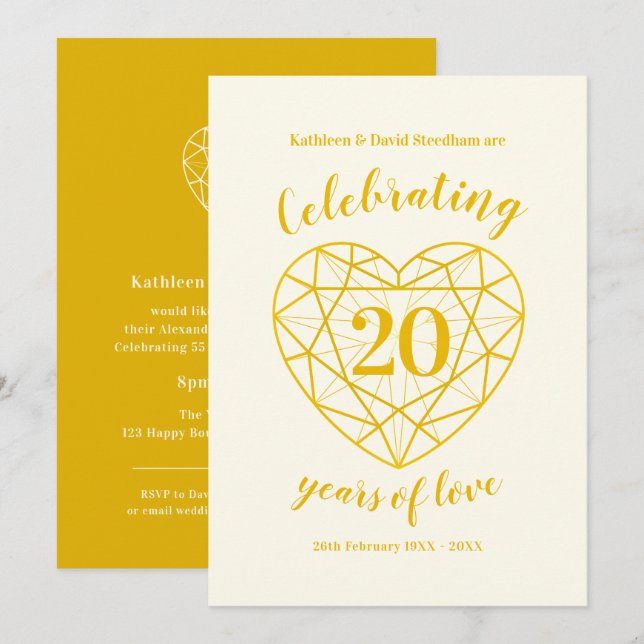 Invitations pour les 20 ans de mariage diamant dor (Devant / Derrière)