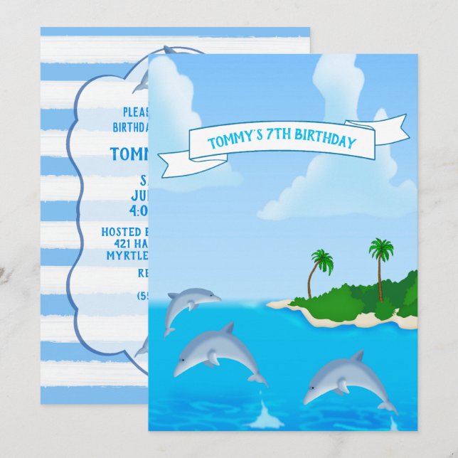 Invitations pour les enfants Dolphin Anniversaire (Devant / Derrière)
