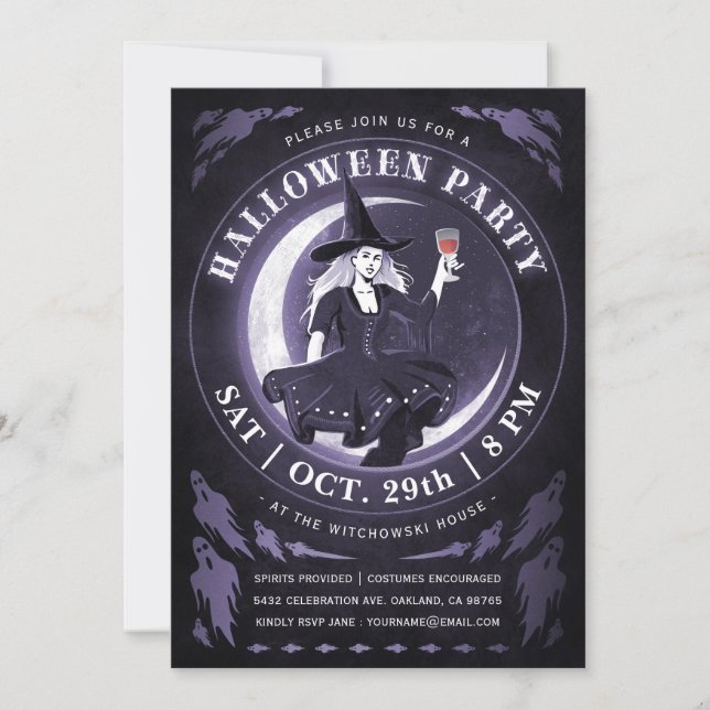 Invitations pour l'Halloween sorcière et lune | Po (Devant)