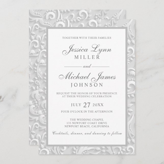 Invitations pour mariages | Design 3D blanc gris é (Devant / Derrière)