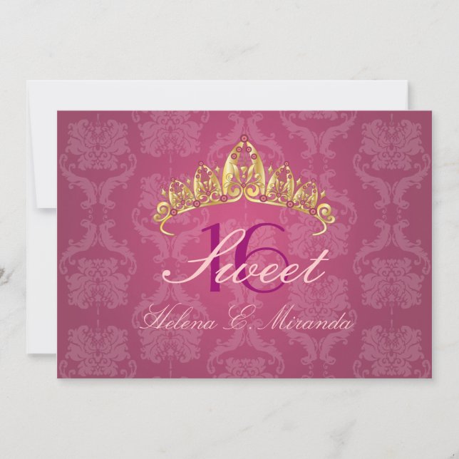 Invitations pour un Sweet 16/ tiara/ Damask frambo (Devant)