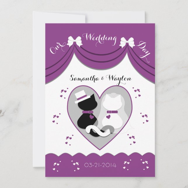 Invitations pourpres de couples de mariage de chat (Devant)