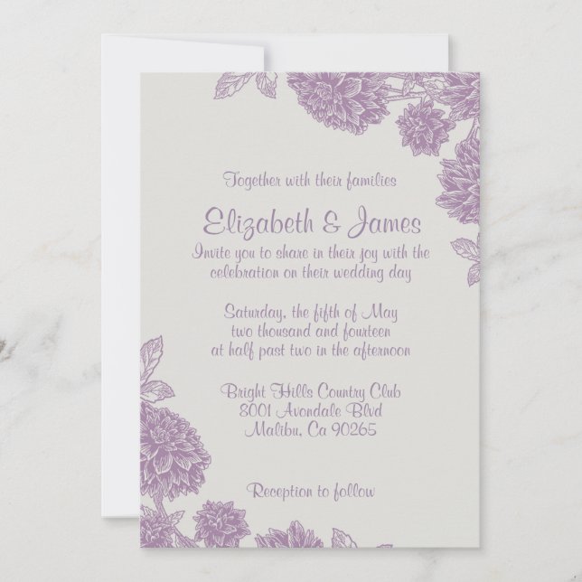 Invitations pourpres élégantes de mariage de fleur (Devant)