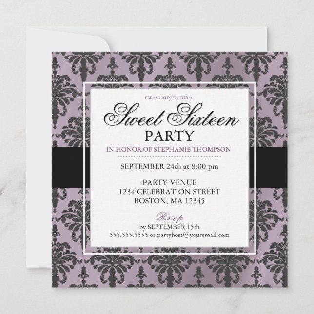 Invitations pourpres noires de partie du bonbon 16 (Devant)