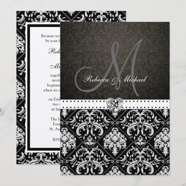 Invitations Premium Metallic Silver Mariage damass (Devant / Derrière)