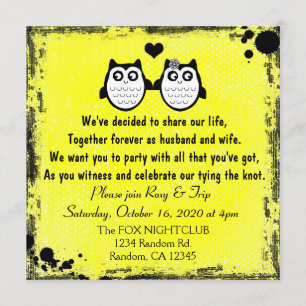 Invitations punks de mariage de hibou grunge jaune