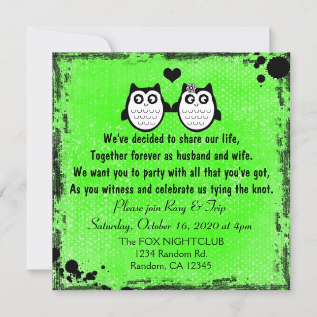 Invitations punks de mariage de hibou grunge vert (Devant)
