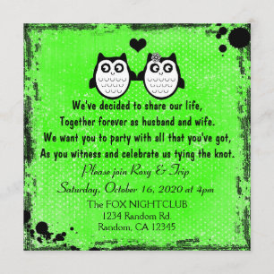 Invitations punks de mariage de hibou grunge vert