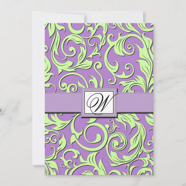 Invitations Purple & Lime Green Mariage damassé (Devant)