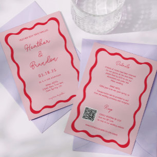 Invitations QR du Mariage rétro rose et rouge Vagu