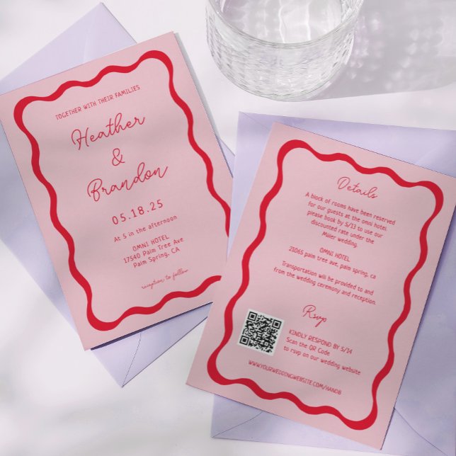 Invitations QR du Mariage rétro rose et rouge Vagu (Créateur téléchargé)