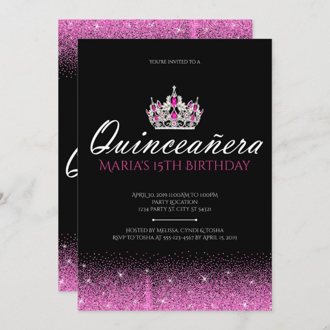 Invitations Quinceanera à Parties scintillant rose (Devant / Derrière)