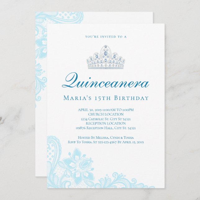 Invitations Quinceanera en dentelle bleu clair (Devant / Derrière)