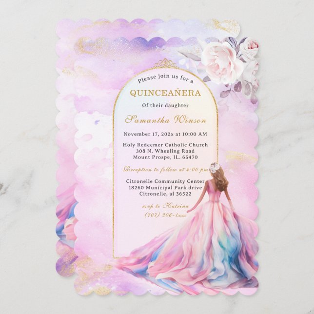 Invitations Quinceanera rose et or (Devant / Derrière)