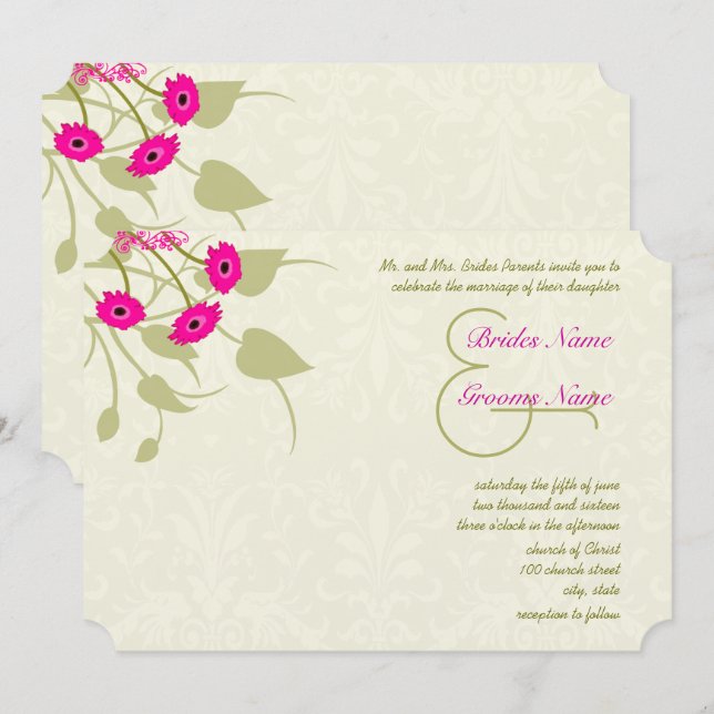 Invitations Raspberry Gerber Mariage damassé (Devant / Derrière)