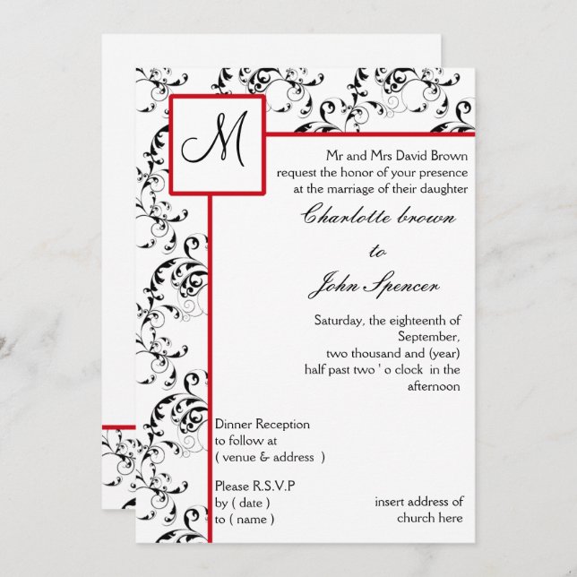 Invitations Red Black Mariage damassé (Devant / Derrière)
