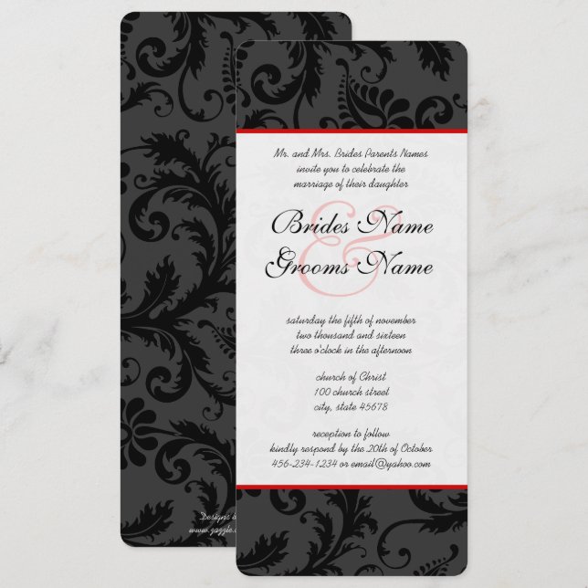 Invitations Red Pink & Black Floral Mariage damass (Devant / Derrière)