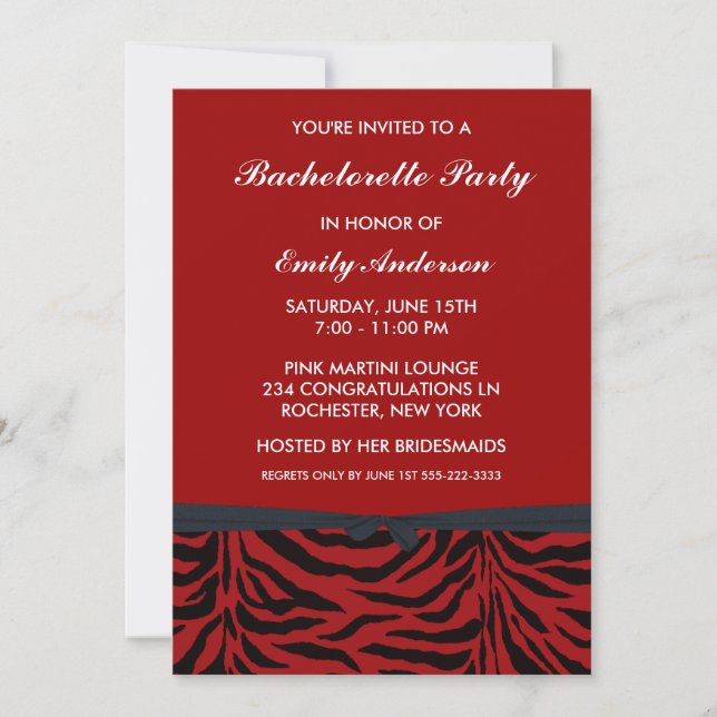 Invitations Red Zebra Bachelorette Party (Devant)