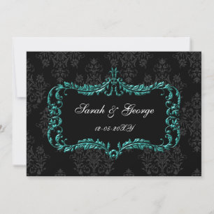 invitations regal fleurissent noir et aqua damassé