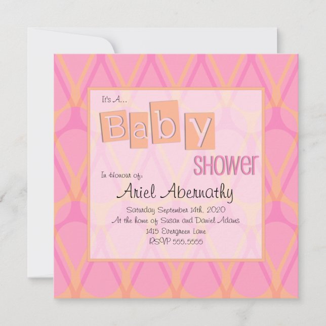 Invitations Retro Drop Baby Shower - Pink & Orange (Devant)