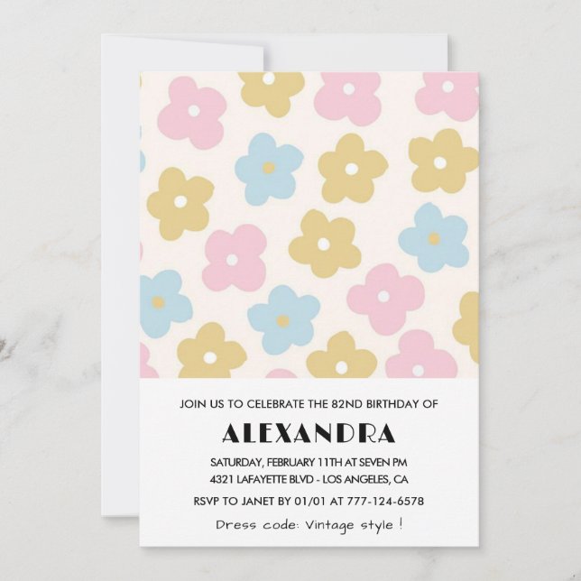 Invitations Retro Floral 82e anniversaire (Devant)