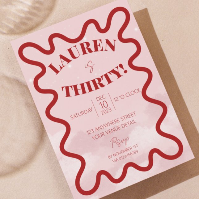 Invitations Retro Wavy 30e anniversaire de fête (scallop edge wave border 30th birthday party invite red and pink)