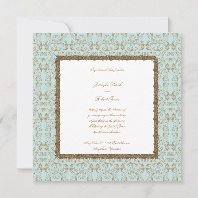 Invitations Robin Oeuf Blue et Gold Mariage damass (Devant)
