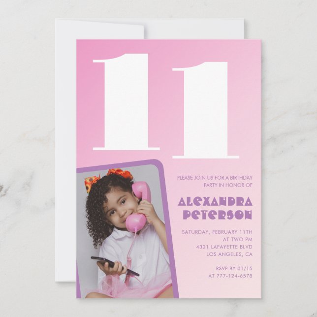 Invitations rose 11e anniversaire Girl Retro Photo (Devant)