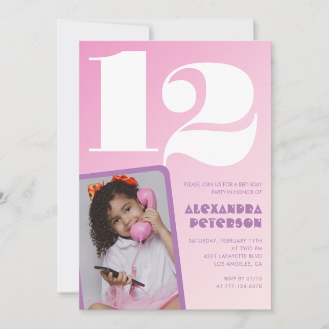 Invitations rose 12e anniversaire Girl Retro Photo (Devant)