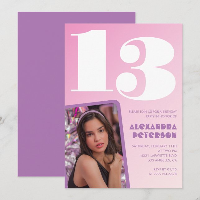 Invitations rose 13e anniversaire Girl Retro Photo (Devant / Derrière)