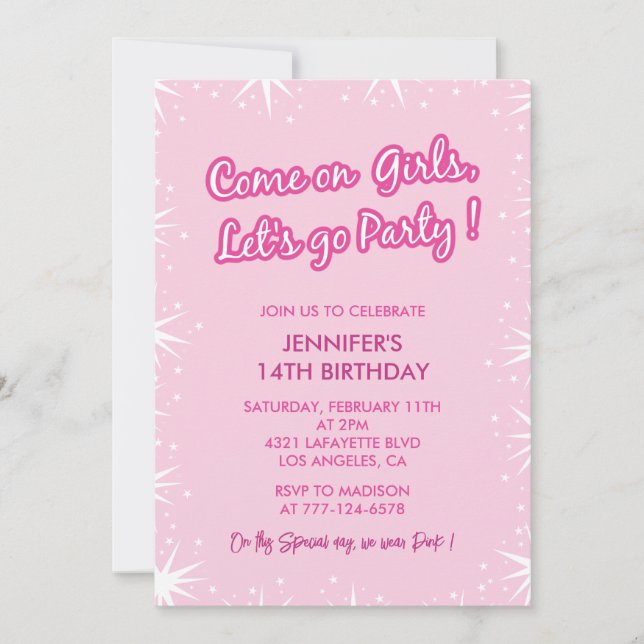 Invitations rose 14e anniversaire filles tendance (Devant)